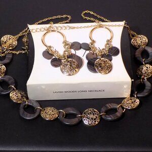 IOB AVON NWT Lavish Woods  Long Necklace & Chandelier Disc Dangle Earrings Set.